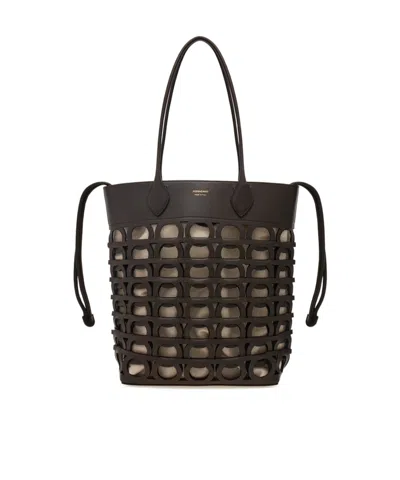 Ferragamo Small Gancini Drawstring Tote Bag In Testa Di Moro
