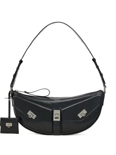 Ferragamo Small Gancio-embellished Curved Shoulder Bag In Black