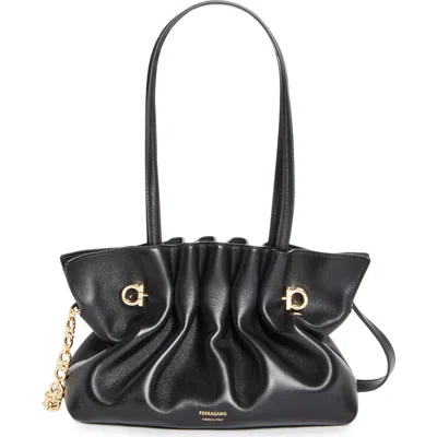 Ferragamo Small Gancio Piercing Soft Leather Shoulder Bag In Nero