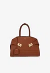 Ferragamo Small Hug Calf Leather Top Handle Bag In Cognac