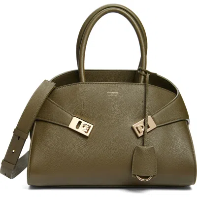 Ferragamo Small Hug Grained Leather Top Handle Bag In New Olive