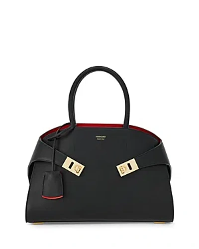 Ferragamo Hug Top Handle Leather Handbag In Black  