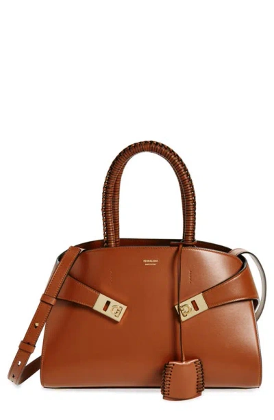 Ferragamo Small The Hug Leather Tote Bag In New Cognac/gold