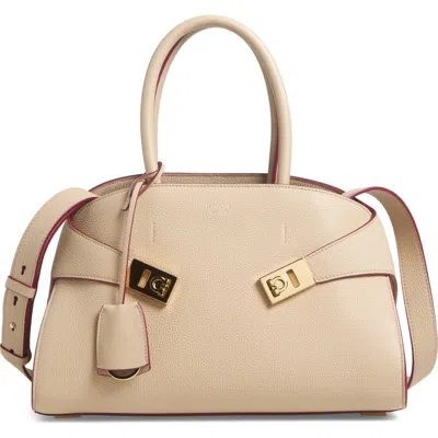 Ferragamo Small Hug Leather Top Handle Bag In Stone