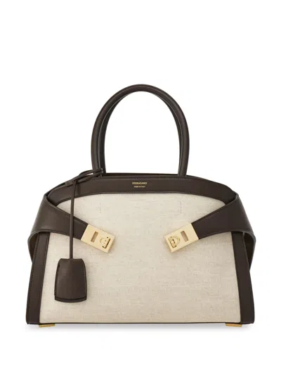 Ferragamo Hug Small Beige Canvas Bag In Multi