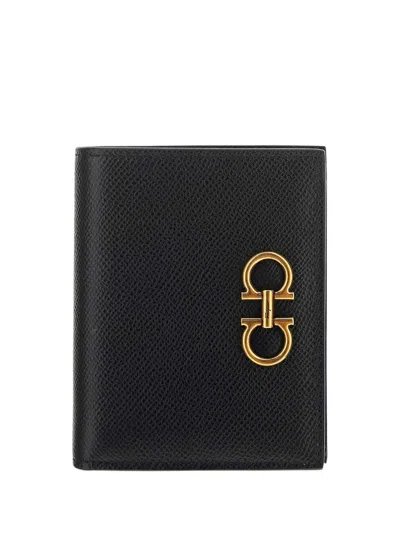 Ferragamo Bifold Calfskin Wallet Gancini Logo In Black
