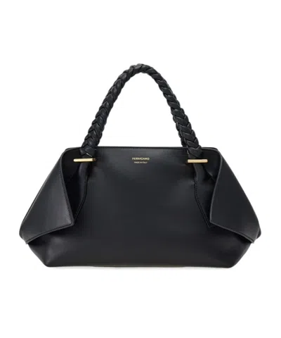 Ferragamo Small Logo Printed Braided Strap Tote Bag In Black
