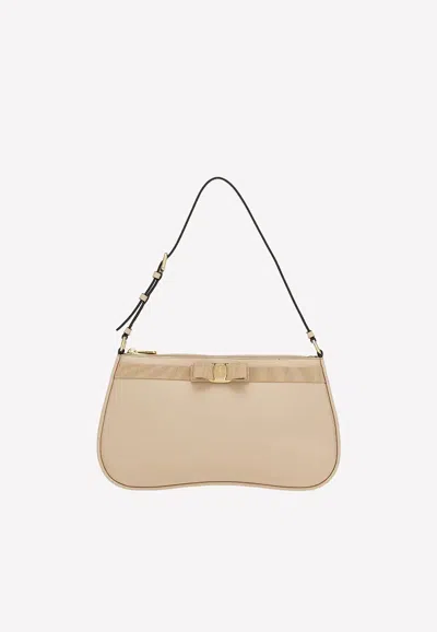 Ferragamo Small Vara-bow Shoulder Bag In Calf Leather In Beige