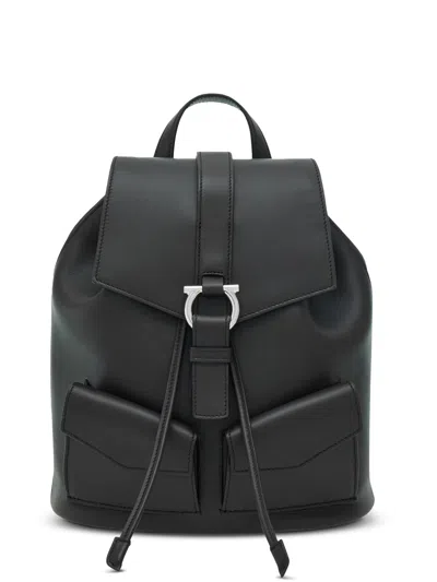 Ferragamo Smooth Calf Leather Backpack With Silver-tone Buckle In Black