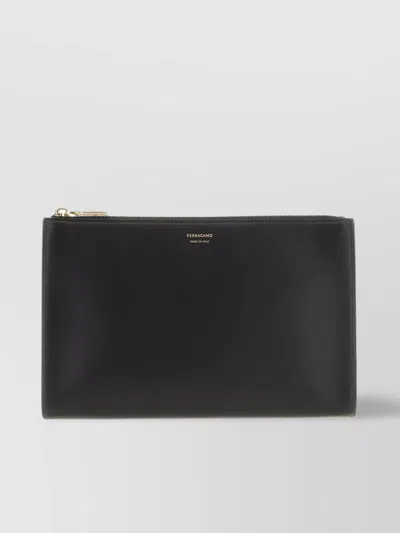 Ferragamo Black Leather Clutch In Nero