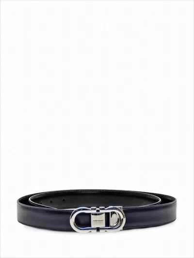 Ferragamo Smooth Finish Leather Belt With Interlocking Silver-toned Buckle In Blue
