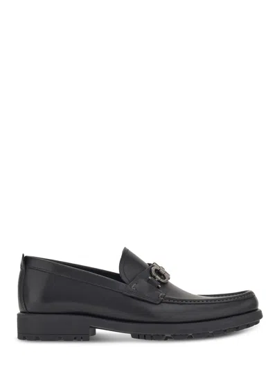 Ferragamo Smooth Leather Loafer Flats With Decorative Metal Bit In Black