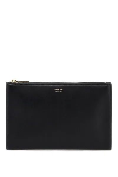 Ferragamo Smooth Leather Pouch In Seven Words In Black
