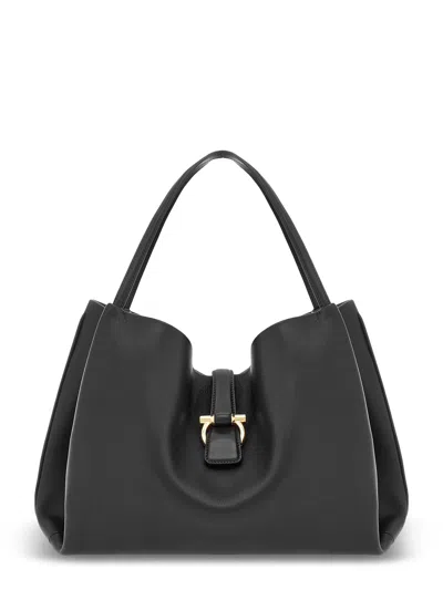 Ferragamo Smooth Leather Tote Bag With Gold-tone Clasp In Black