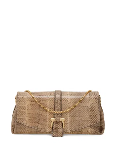 Ferragamo Snakeskin Leather Shoulder Bag In Neutral