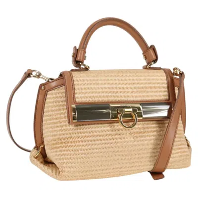 Pre-owned Ferragamo Sofia Satchel Raffia With Leather Wood Handbag () In Sand