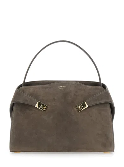 Ferragamo Gray Suede Hug Soft Xl Shoulder Bag