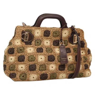 Pre-owned Ferragamo Soft W Tote Raffia Wood Tote Bag Bag () In Brown