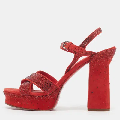 Pre-owned Ferragamo Sonya Size 40 Red Suede Ankle Strap Sandals