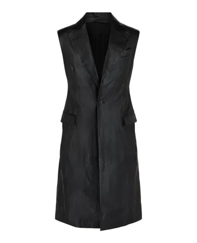 FERRAGAMO SOPHISTICATED BLACK SLEEVELESS LEATHER VEST WITH NOTCHED LAPELS