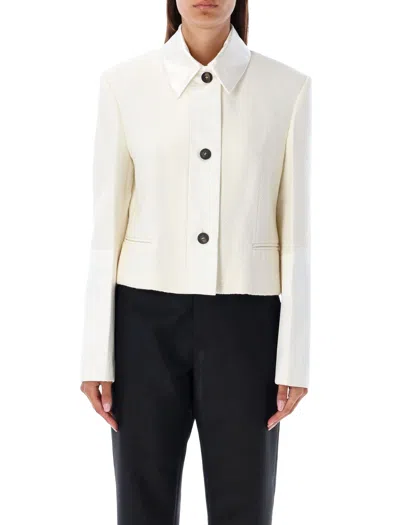 Ferragamo Sophisticated White Cropped Jacket With Satin Inserts For Women