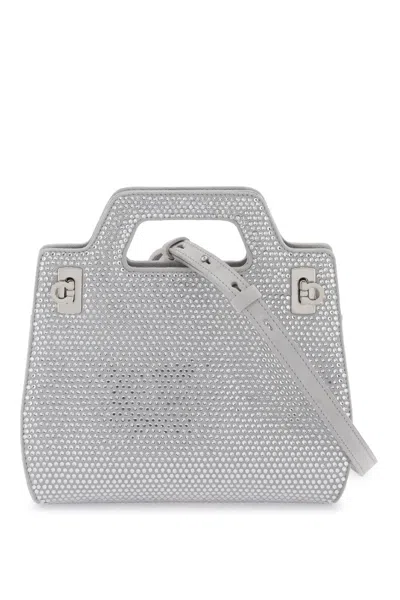 Ferragamo Sparkling Silver Mini Handbag For Women With Gancini Hook Buckle And Adjustable Strap In Grey