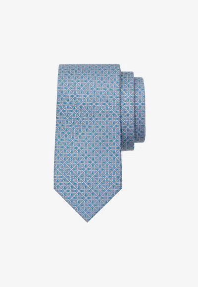 Ferragamo Square Gancini Print Silk Tie In Blue