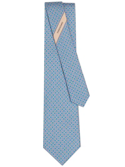 Ferragamo Square Gancini Print Tie In Blue