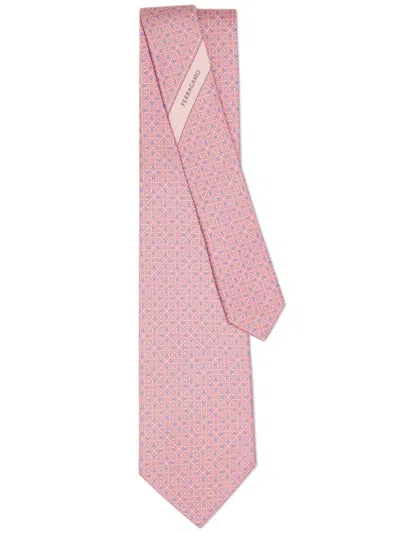 Ferragamo Square Gancini Silk Tie In Pink