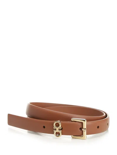 Ferragamo Square Gancio Leather Belt 1,8 Cm In Brown