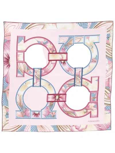 Ferragamo Square Pink Scarf With Geometric Floral Patterns In Multi