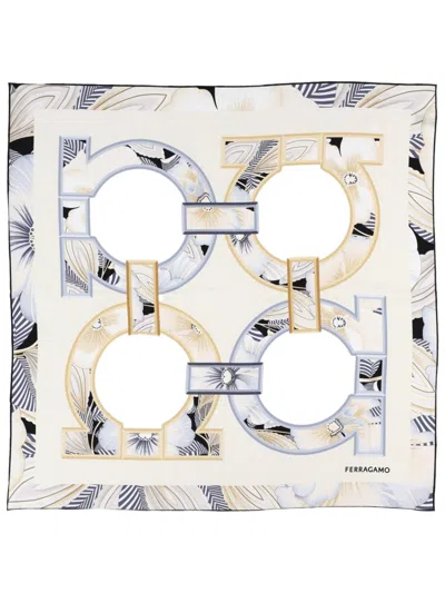 Ferragamo Square Silk Scarf With Floral And Geometric Design In Neutral