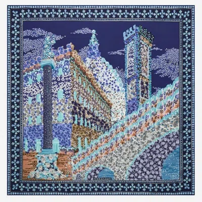 Ferragamo Square Silk Scarf With Palazzo Print Design In Blue
