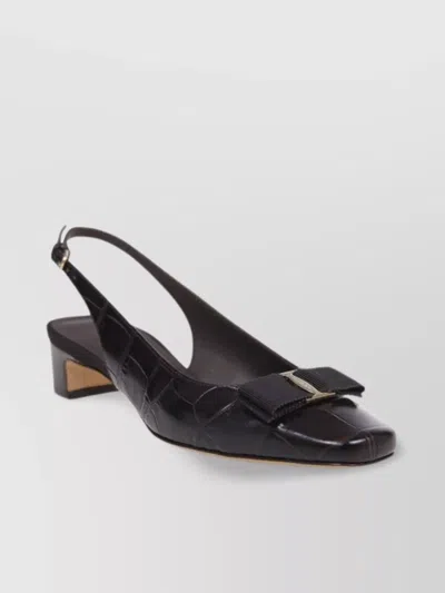 Ferragamo Square Toe Textured Sling Pump With Buckle In Black