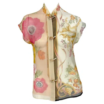 Pre-owned Ferragamo S/s 1999 Salvatore  Runway Ad Multicolor Sheer Silk Floral Top In Sand
