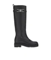 Ferragamo Leather Ryder Boots Buckle Detail In Black