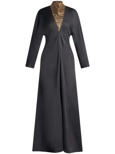 Ferragamo Stone-appliqué Long-sleeved Gown In 黑色