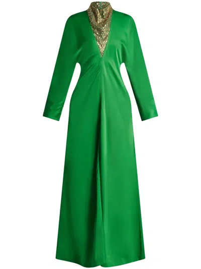 Ferragamo Stone-appliqué Long-sleeved Gown In 绿色