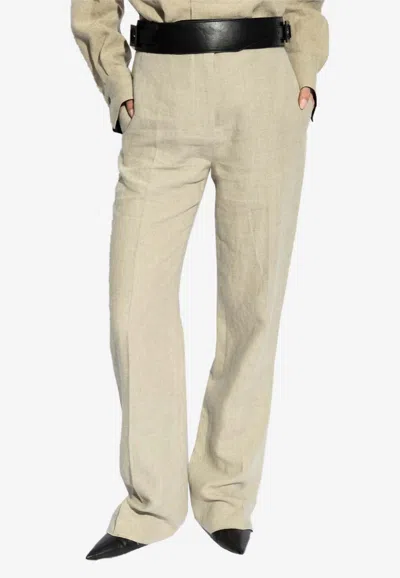 Ferragamo Tailored Straight-leg Wool Pants In Beige