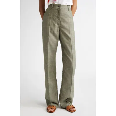 Ferragamo Straight Leg Virgin Wool & Silk Blend Pants In Olive/white