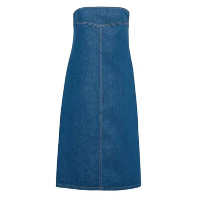 Ferragamo Strapless Cotton Denim Midi Dress In Blue