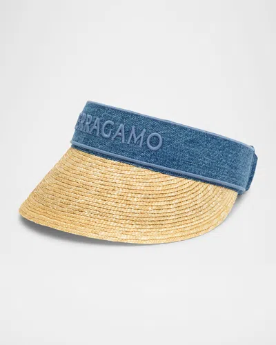 Ferragamo Straw Visor With Denim Logo Band In Neutral