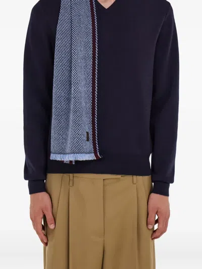 Ferragamo Striped-detail Cashmere Scarf In Blue