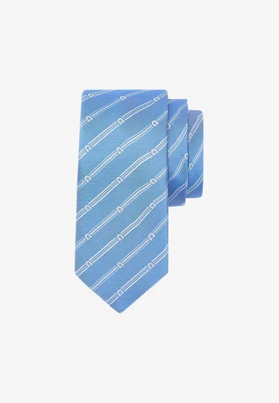 Ferragamo Striped Gancini Silk Tie In Blue