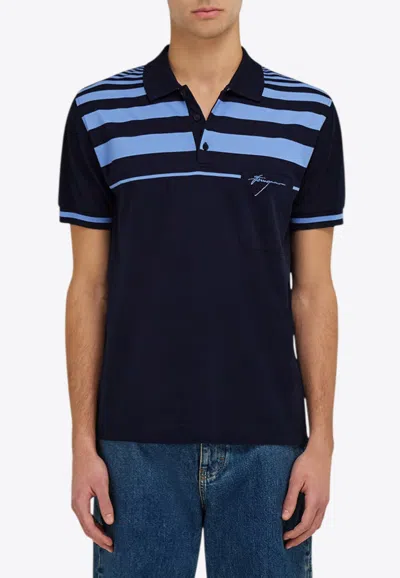 Ferragamo Striped Logo Polo T-shirt In Blue