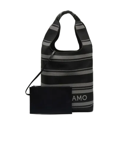 Ferragamo Striped Tote Bag In Black