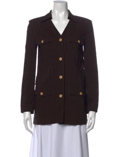 Pre-owned Ferragamo Striped V-neck Button-up Top In Brown