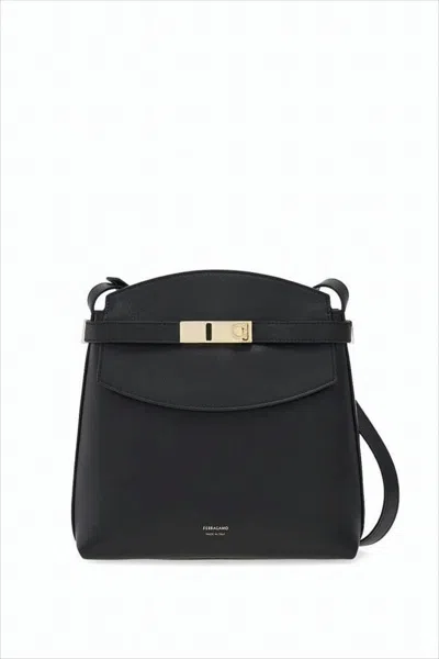 Ferragamo Structured Black Calf Leather Crossbody Bag
