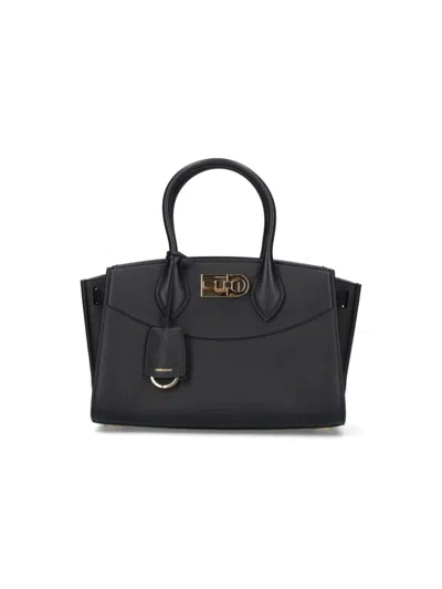 Ferragamo Structured Black Leather Handbag With Gold-tone Closure