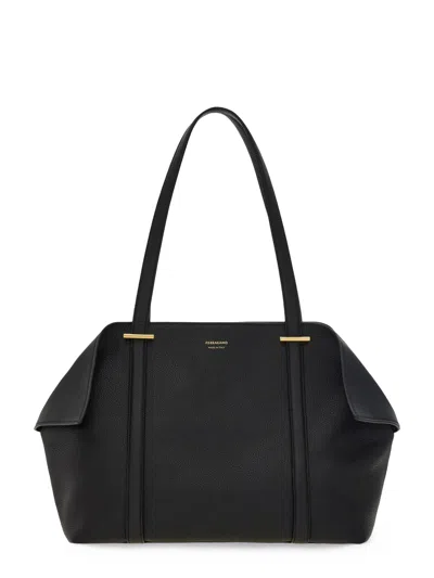 Ferragamo Structured Black Leather Tote Bag With Gold Accents